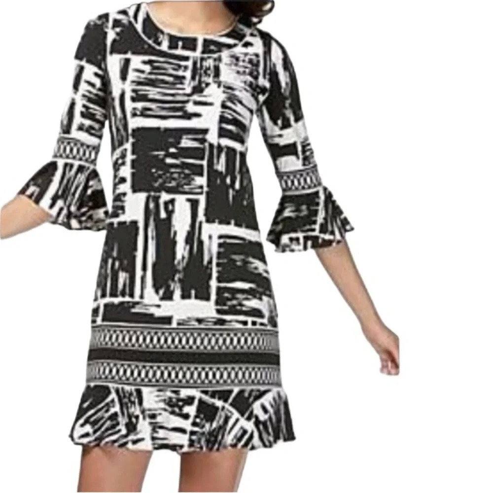 BCBGMaxAzria Black White Retro Abstract Print Bell Sleeve Bohemian Dress Size M
